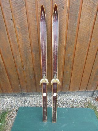 Vintage 53 " Wooden Skis Brown Finish With Bindings Signed Holmenkollen
