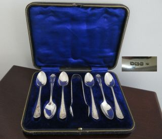 Cased Set Of 6 Antique Solid Silver Teaspoons With Tongs
