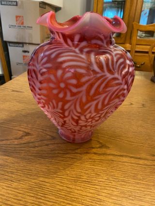 Vintage Fenton Large Cranberry Opalescent Daisy & Fern Vase Signed George Fenton