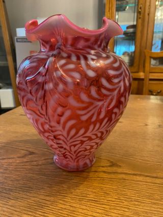 Vintage Fenton Large Cranberry Opalescent Daisy & Fern Vase SIGNED GEORGE FENTON 2