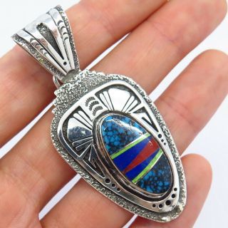 Vintage Old Pawn Sterling Silver Multi - Color Gem Inlay Arrow Head Tribal Pendant
