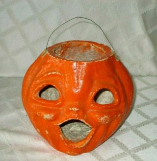 Vintage Halloween Paper Mache - Jack - O - Lantern Pumpkin Face Candy Bucket - 7.  5 "