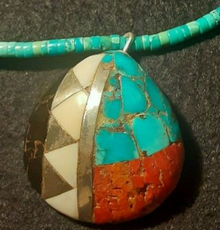 Vtg Santo Domingo Stone Sterling Inlay Shell & Turquoise 19 " Heishi Necklace