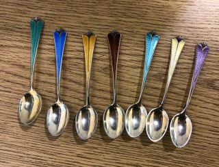 Vintage David Andersen Norway Sterling Enamel Spoons,  Set Of 7
