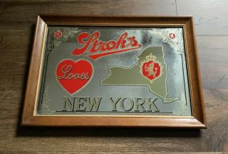 Vintage Beer Sign Stroh’s Loves York Bar Mirror Frame Rare