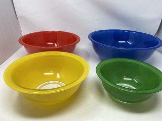 Set Of 4 Vintage Pyrex Nesting Glass Mixing Bowls Primary Colors W/clear Bottoms