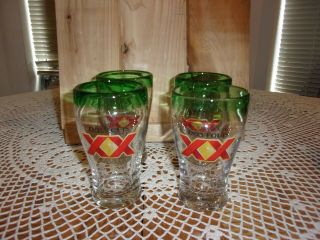 Vintage Cerveza Dos Equis Xx Mexico Beer Glass Hand Blown Green Rim - 4 Glasses