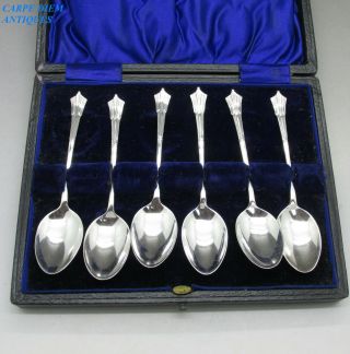 Antique Cased Set 6 Solid Sterling Silver Albany Pattern Coffee Spoons 56g 1912