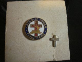 Vintage Catholic Order Of Foresters Fraternal Pin Deer Screw Back,  Cross Pin