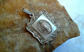 Vintage Sterling Silver Ornate Catholic Miraculous Medal The Blessed Virgin Mary