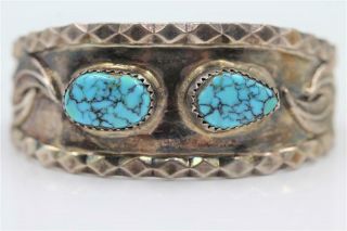 Vintage Navajo Sterling Silver Turquoise Signed Psw Old Dead Pawn Cuff Bracelet