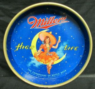 Vintage Miller Beer Metal 13 " Serving Tray Girl On Moon R642
