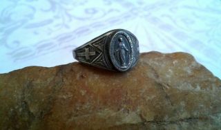 Vintage Sterling Silver Signet Ring Miraculous Medal Of The Blessed Virgin Mary
