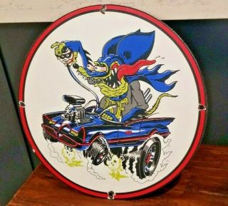 Vintage Rat Fink Porcelain Gasoline Auto Ed Roth Hot Rod Batman Robin Comic Sign
