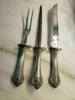 3 Piece Antique Sterling Silver Carving Set Knife Fork Sharpener Ornate Baroque