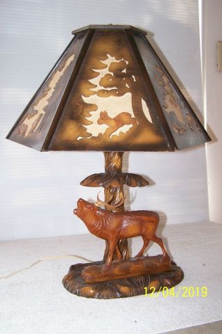 Vintage Rhon Sepp Germany Black Forest Elk Stag Deer Lamp With Carved Shade