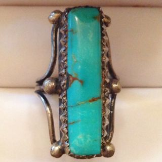 Large Signed Vintage Navajo Southwest Turquoise Sterling Silver Ring Size 5 3/4