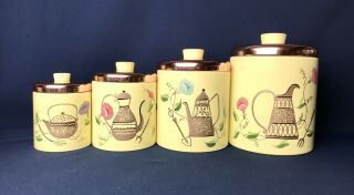 Ransburg Metal Canister Set Of 4 Vintage Mcm Pale Yellow Copper Lids