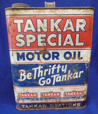 Vintage Tankar Special Motor Oil 2 Gallon Can " Be Thrifty,  Go Tankar "