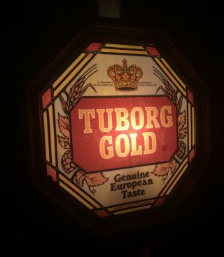 Vintage 1980 Tuborg Gold Beer Lighted Woodgrain Wall Hanging Sign Bar