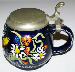 Vintage Cobalt Blue With Floral German Lidded.  5l Stein Or Mug Musicians 4.  5 "