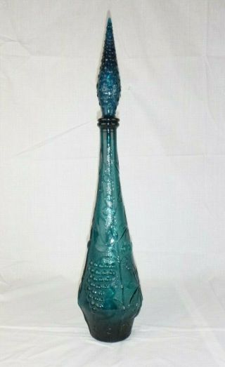 Vtg Mid Century Empoli Genie Bottle Decanter Turquoise Blue Fruit Motif 22 " 2