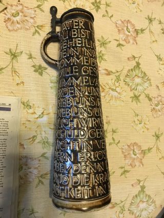 German Stein W Lid,  14in Tall,  With " The Lords Prayer In German "