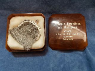 Antique Vintage Ladies Mesh Coin Purse Silver Marked & Box