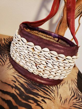 Cowrie Shell Nigeria Money Basket Leather - Vintage