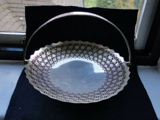 Silver Plated Swing Handle Basket,  Intricate Pierced Design Engraving,  Marked