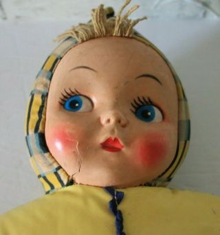 Vintage Cloth Doll Celluloid Face Stuffed Carnival Prize Toy Plaid Approx 13.  5 "