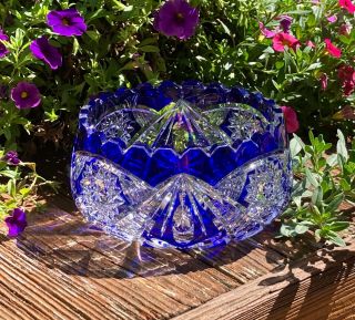 Vintage Cobalt Blue Cut To Clear Crystal Glass Bowl In Pristine