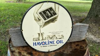 Old Vintage 1934 Havoline Oil Motor Oil Porcelain Gas Pump Sign Indian Co.