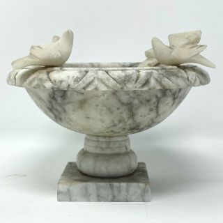 Vintage Italian Hand Carved Alabaster & Marble 6.  5 " Bird Bath W/6 Birds On Rim