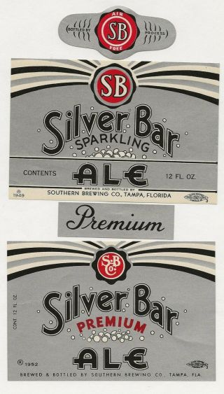 2 Dif Southern Brewing Silver Bar Ale Labels With Necks Tampa Fl