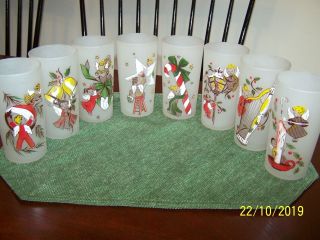 8 Vtg 50s - 60s Federal Frosted Glass Christmas Angel Glasses Tumblers