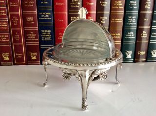 Antique Chased Silver On Copper Roll Top Butter/caviar Dish & Glass Liner