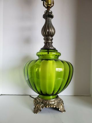 Vtg Mid Century Modern Green Optic Glass Table Lamp Hollywood 29 "