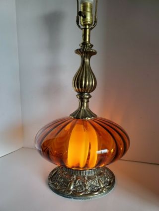 Vtg Mid Century Modern Amber Optic Glass Saucer Table Lamp 29 "