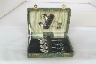 A Fine Case Set Of Six Sterling Silver & Abalone Shell Demi Tasse Coffee Spoons.