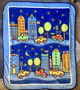 Vintage San Marcos Blanket Blue Stars Moon Cars City Kids Child 50” X 60”