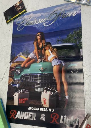 Vintage 90’s Rainier Beer Classic Pair Cadillac Sexy Babe Sign Poster 35x23
