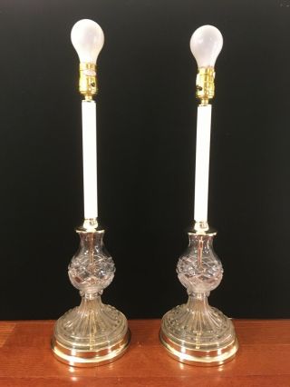 Pair Vintage Brass & Crystal Candlestick Table Lamps 22 " Tall
