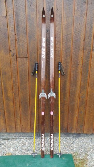 Vintage Hickory Wooden 76 " Skis Has Brown Finish With Bamboo Poles