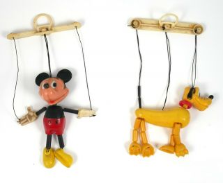 2 Vintage Walt Disney Plastic Marionette String Puppets Pluto & Mickey Mouse Toy