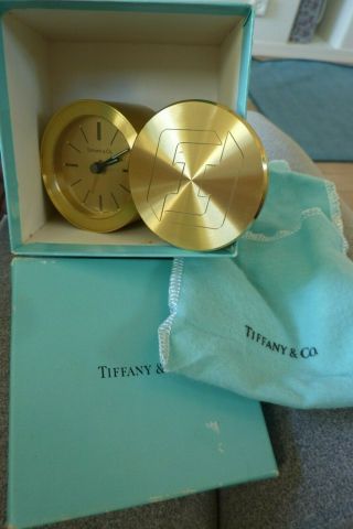 Vintage Tiffany & Co.  Desk Alarm Clock Swiss Round Swivel Top 2.  5” Brass W/ Box