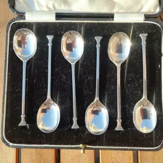 6 Sterling Silver Art Deco Seal Top Spoons In Fine Tooled Leather Case