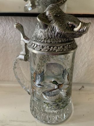 West German Vintage Glass Beer Stein With Pewter Boar 