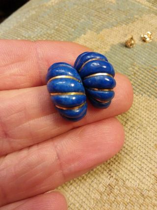 Antique Carved Lapis 14k Yellow Gold Earrings