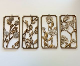 Vintage Mcm Dart Ind Set Of Four Seasons Gold Flower Plastic Wall Hangings